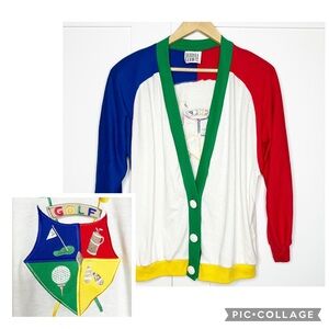 BARBARA GERWIT Golf CARDIGAN Large primary colors embroidered whimsical unique